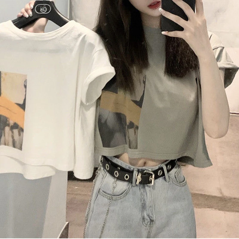 

SALSPOR round neck print ladies high waist Harajuku short-sleeved T-shirt ladies slim top super fashionable