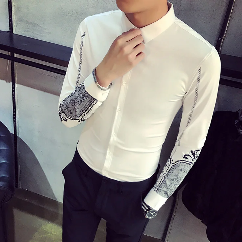 Мужские рубашки с длинным рукавом Дизайнерские повседневные принтом белые