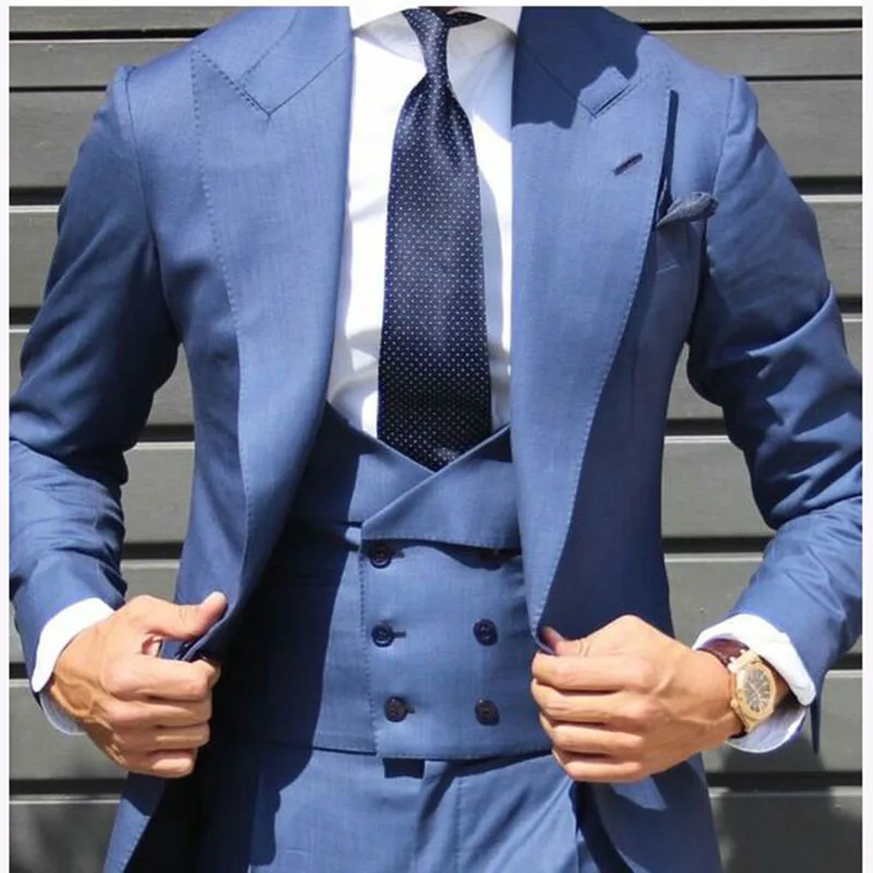 

Gentle-Mens Light Blue Bridegroom Suit With Double Breasted Vest Ternos Masculino Slim Fit Tuxedo Men Suit