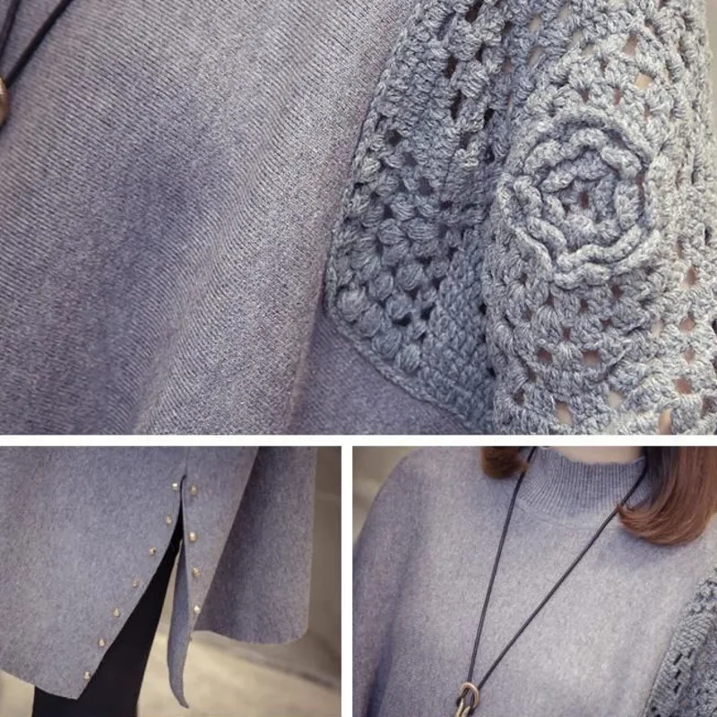 Женская свободная накидка средней длины свитер с воротником и рукавами реглан