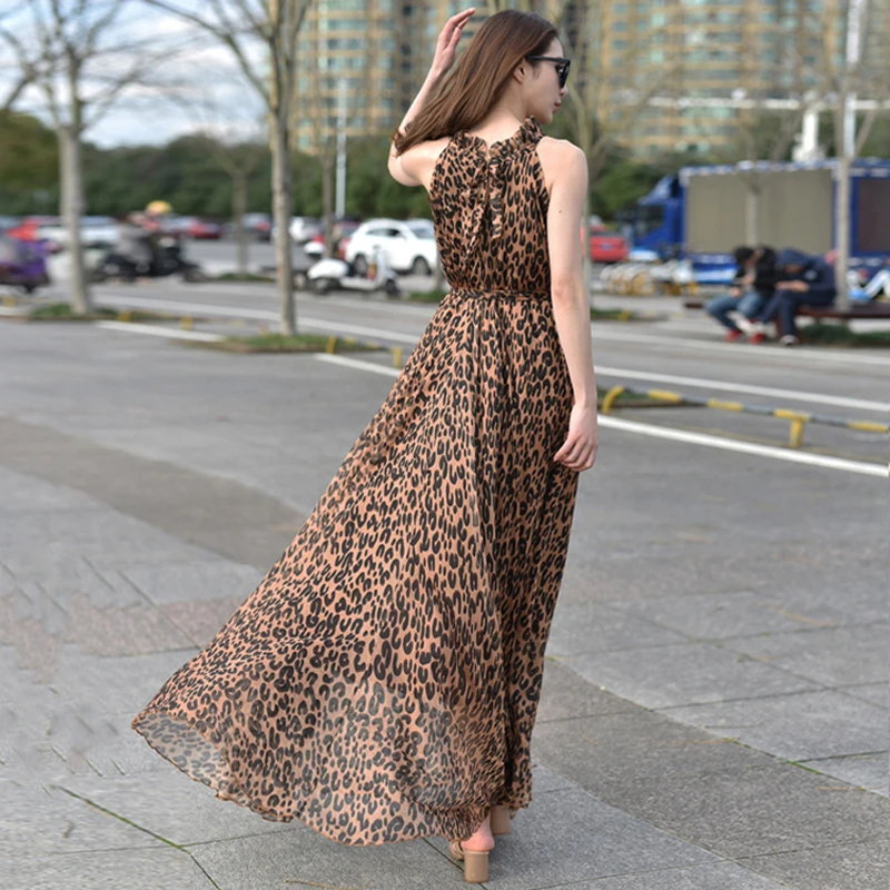 Женское платье-макси с леопардовым принтом длинное пляжное платье оборками и