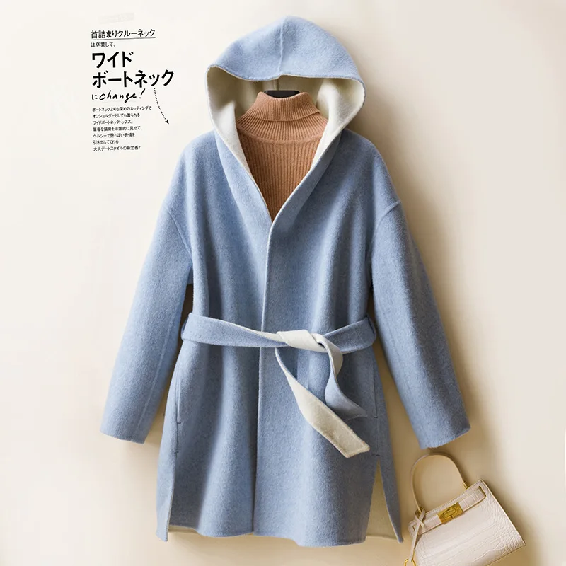 

High End Double-sided Woolen Coat Women's Hooded Medium Length Loose Style 100% Australian Wool Outerwear
