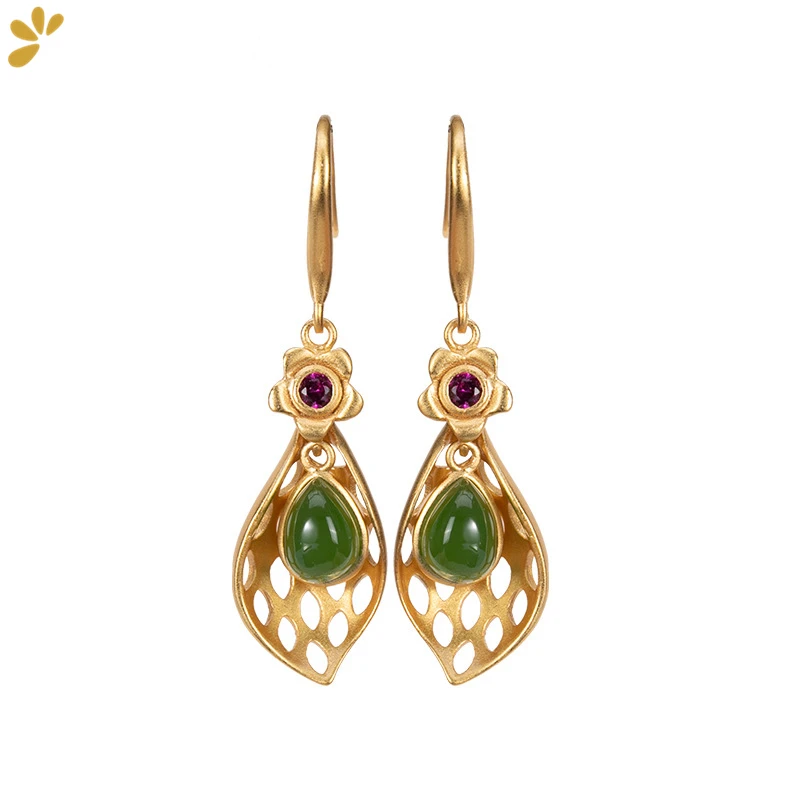 

Jasper Earrings 925 Sterling Silver Gold-plated Hetian Jade Flower Leaf Drop Earring Fine Jewelry For Women Vintage Trendy Gift