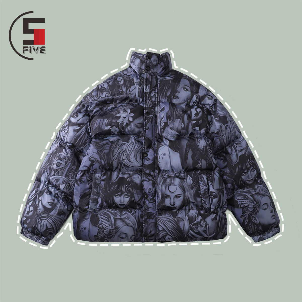

Anime Girl Print Padded Jacket Men Hip Hop Stand-up Collar Oversize Casual Parka Winter Harajuku Streetwear Keeps Warm Outerwear
