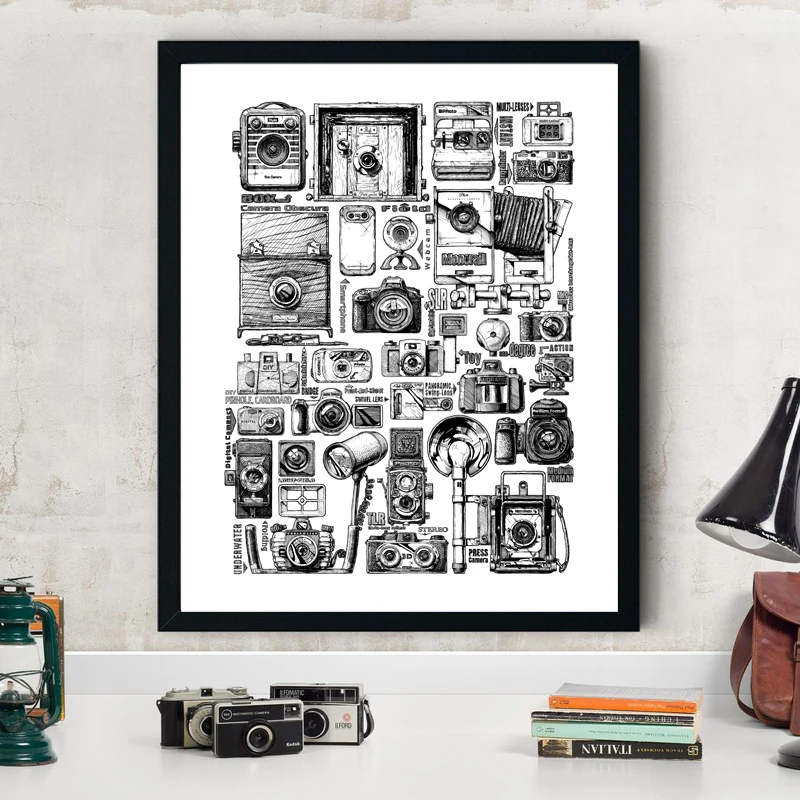 Винтажная Коллекция камер иллюстрации плакаты и принты черно-белая Картина на