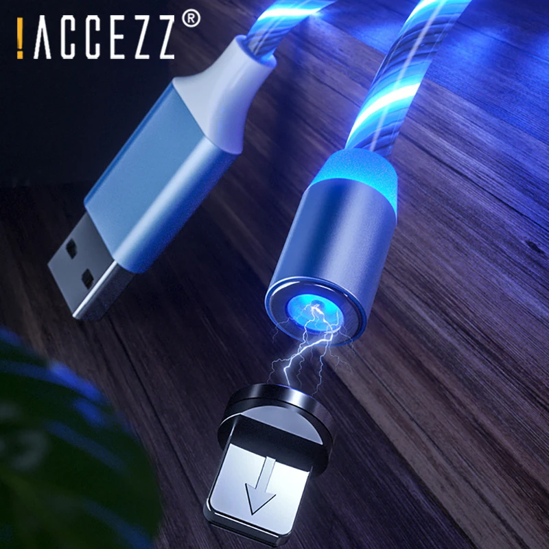 ACCEZZ светодиодный магнитный кабель для быстрой зарядки, магнитный кабель Micro usb type C, Кабель зарядного устройства для iPhone X 7 samsung S10, шнур для Android