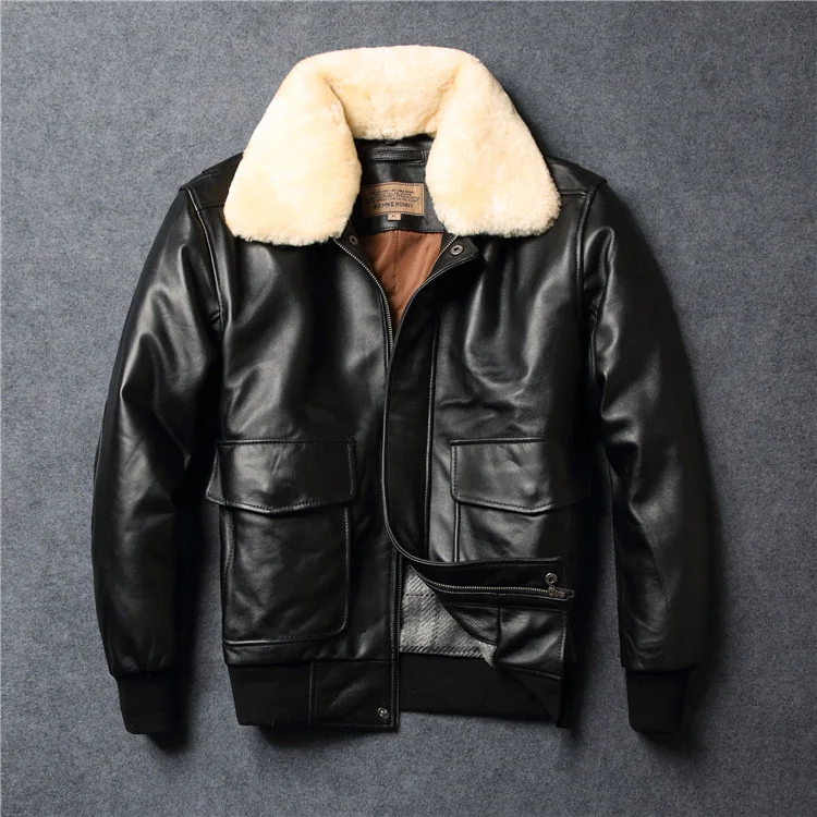 

Men's street royal leather jacket wool detachable sheepskin pilot outerwear high quality hot winter zip casual short coat