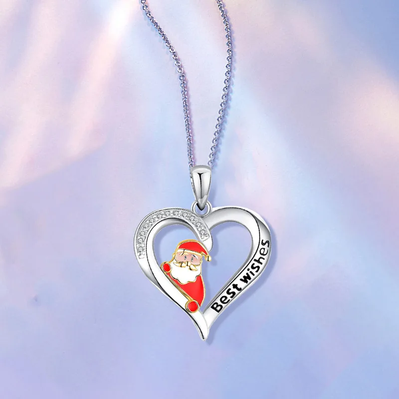 

Christmas Crystal Rhinestone Zircon Love Heart Santa Claus Pendant Necklace for Women Men Christmas Gift Jewelry Wholesale Gift