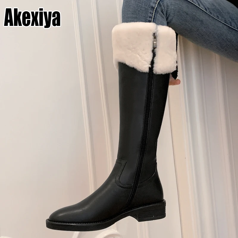 

Women Thigh High Boots Knee-High Round Toe Leather Waterproof Boots Zipper Plush Non-slip Female Winter Boots BC1799