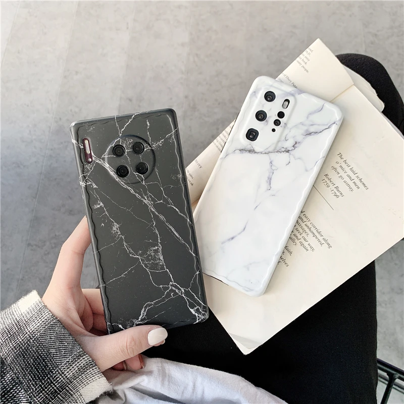 

Luxurious Retro Black And White Marble Phone Case For Huawei P30 40 Mate30 Nova 5 7 Pro Soft IMD Anti-Drop Lens Protective Cover