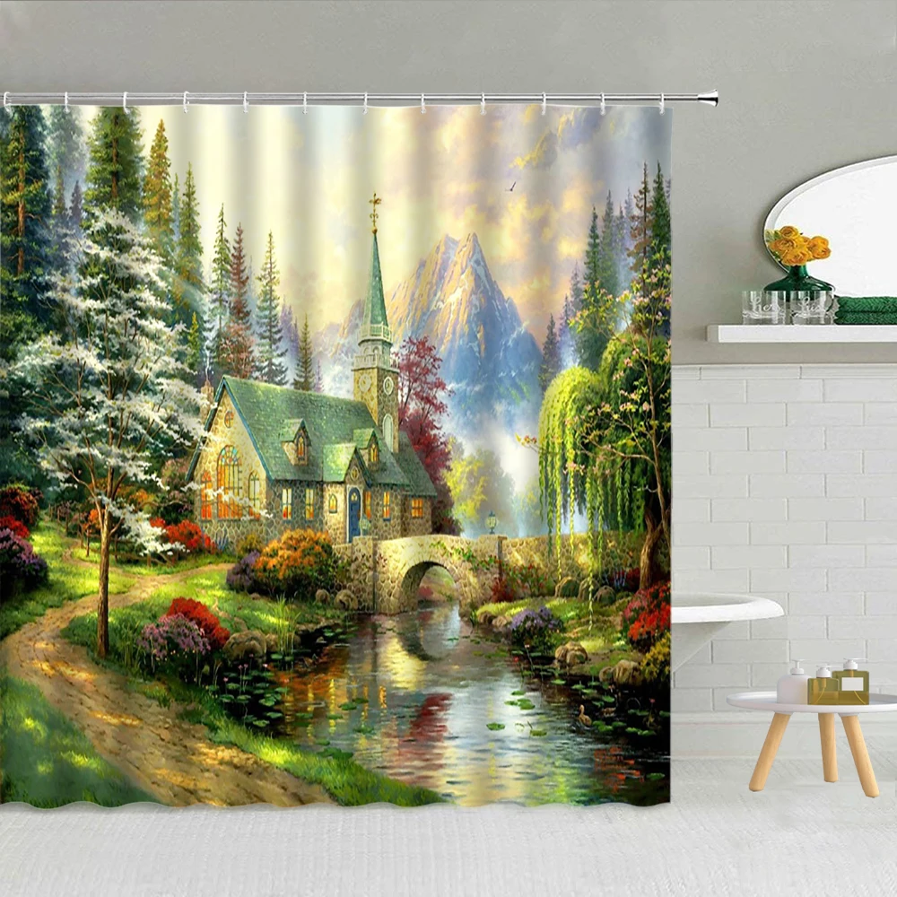 

European Countryside Scenery Oil Painting Shower Curtains Forest Green Plant Flower River Landscape Cloth Bathroom Decor Curtain