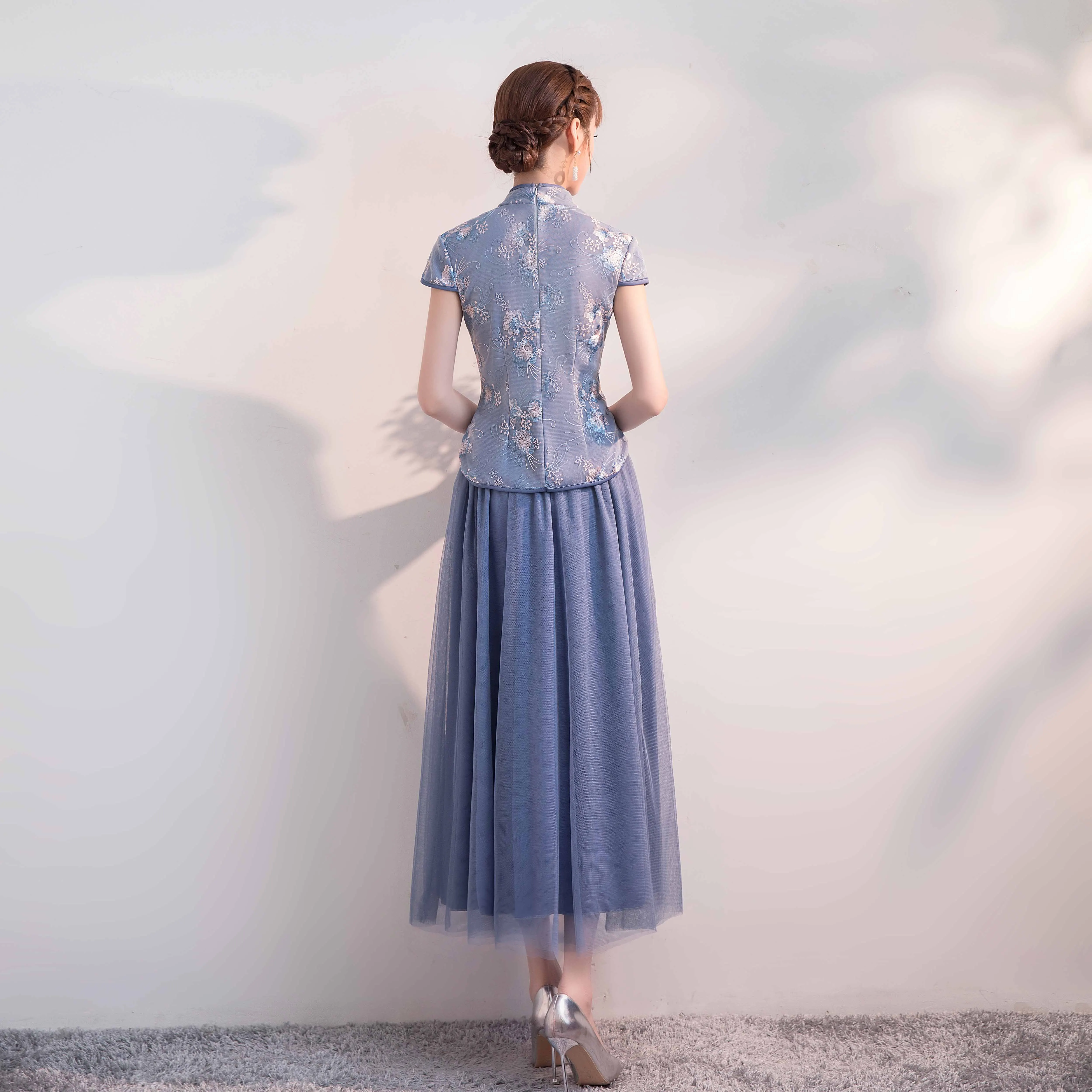 Женское платье с вышивкой синее фатиновое для свадебной вечеринки выпускного