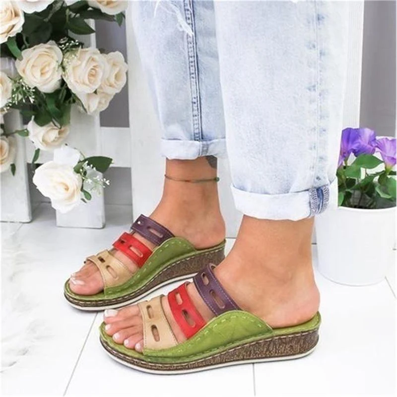 

Women Slippers Shoes Wedge 2021 Fashion Slipper New Heel Shallow Patchwork Plus Size Comfortable Shoes Woman Slippers