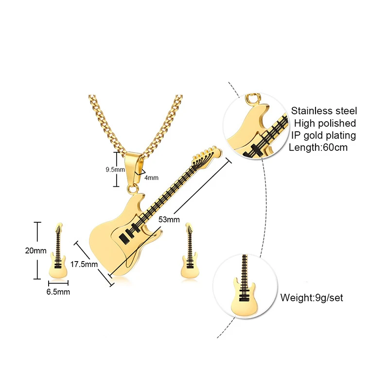 

Vnox Stylish Guitar Shape Pendant Earrings Jewelry Set for Men Punk Instrument Stud Earrings Rock Accessory