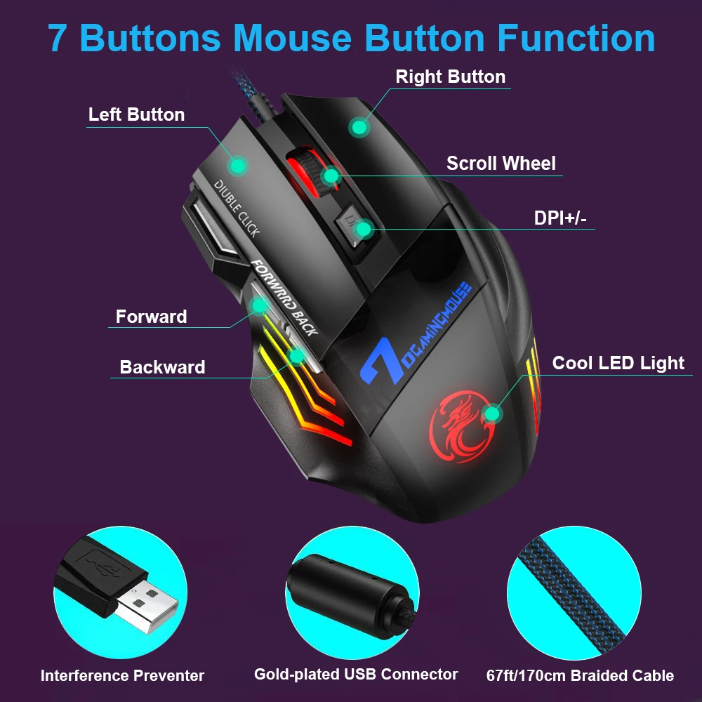 ergonomic wired gaming mouse 7 button led 5500 dpi usb computer mouse gamer mice x7 silent mause with backlight for pc laptop free global shipping