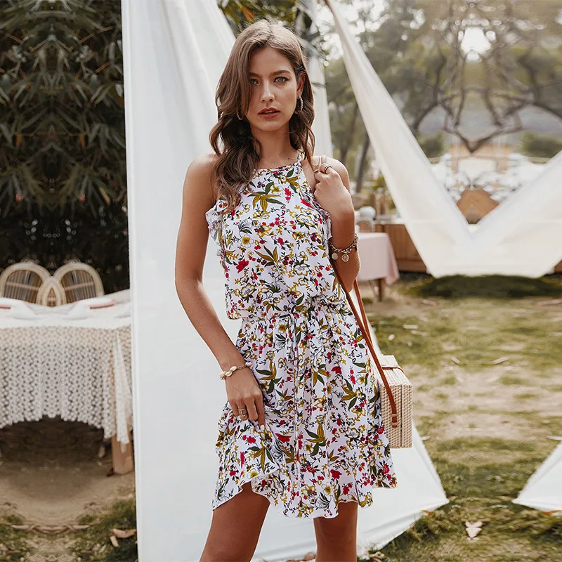 

Summer Ladies Slim Halter Print Dress Women Casual Sleeveless Ruffles Above Knee Mini Floral Dress 2021 New
