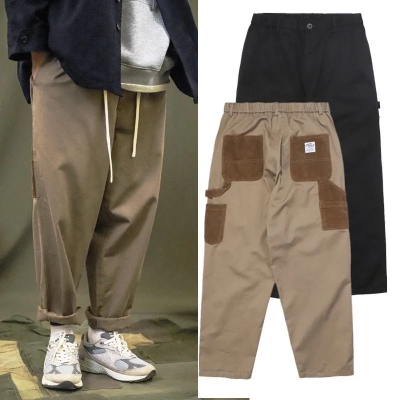 

Men's Loose Cargo Pants Khaki Elastic Waist Splicing Wide-Leg Trouser Japanese Casual Harajuku Trousers Male Clothing Streetwear