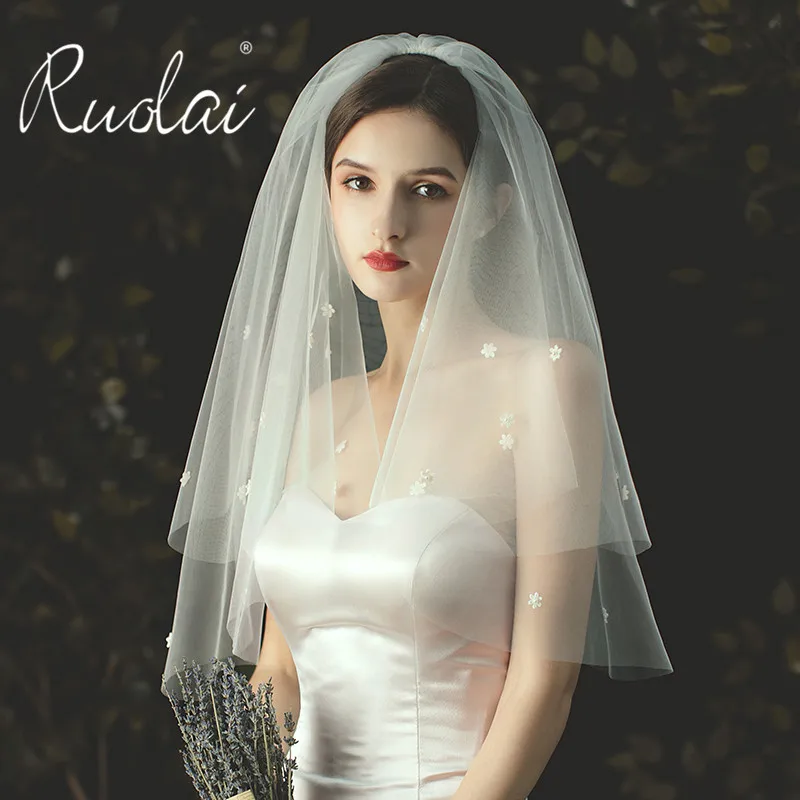 

Simple Pure Short Wedding Veil Two Layer Flower Bridal Tulle Veils with Comb Wedding Accessories velo de novia largo