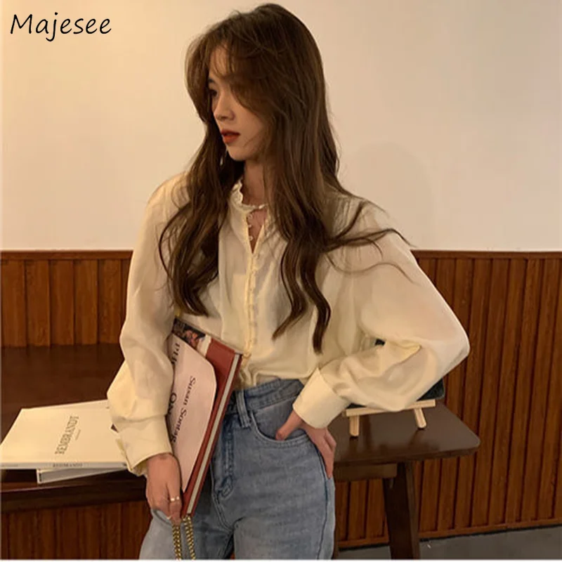 

Shirts Women White Lace Stand Collar Vintage Design Sweet Cute Ladies Korean Style Students Fashionable Soft Loose Leisure Tops