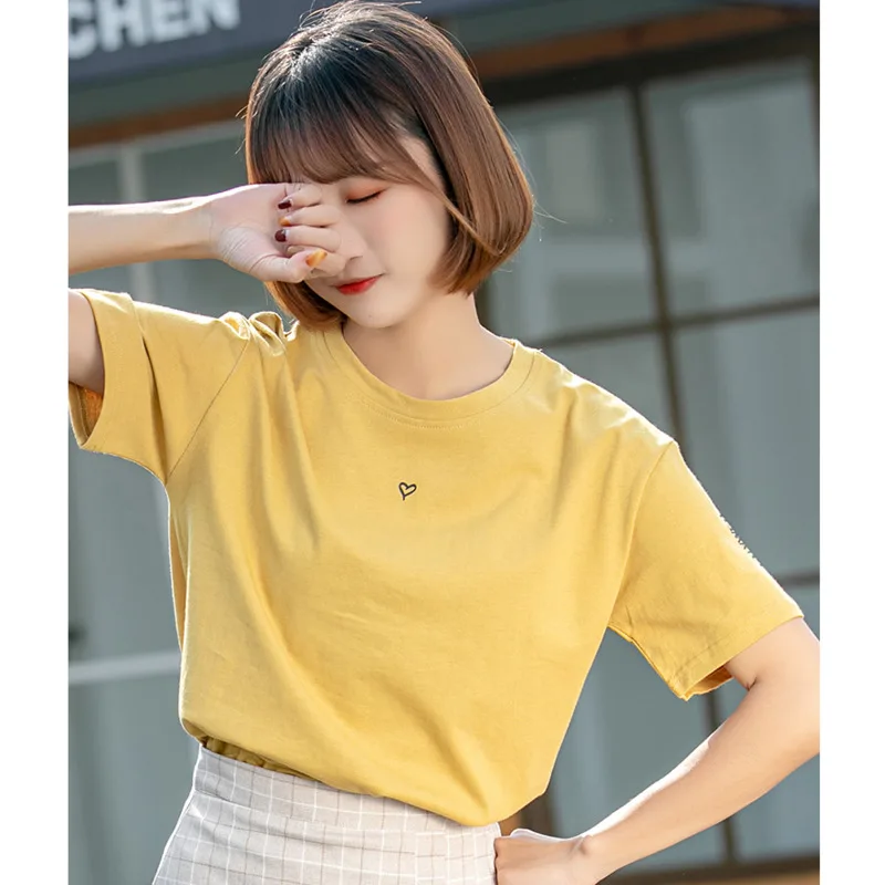 

High Quality Cotton T Shirt 2021 Summer Fashion Short Sleeve Round Neck Heart Lover Letters Embroidery Bottoming Tops Camiseta