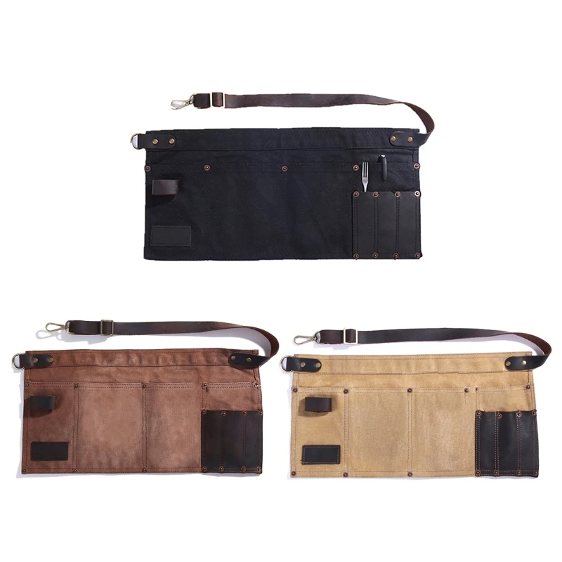 

Multi-pocket Apron for Women Real Leather Canvas Half Pocket Apron Waitress