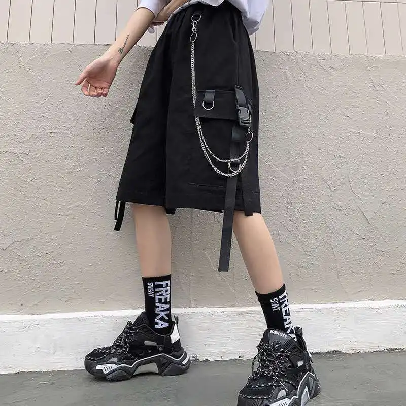 2022 Summer Women Cargo Shorts Female Loose Straight Casual Short Pants Fashion Elastic Waist Handsome Black Knee Length Shorts