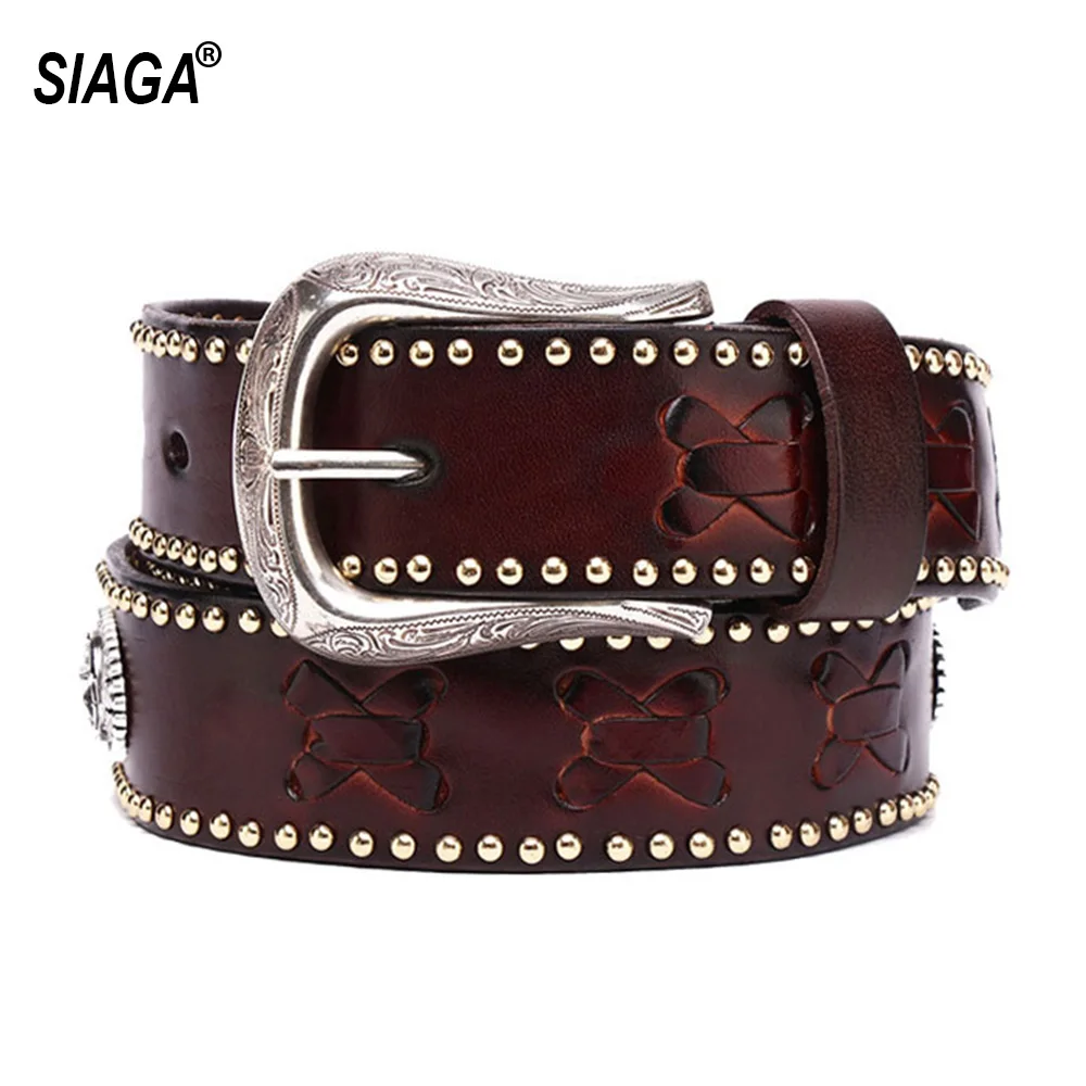 Unisex Personalized Retro Rivets Solid Cowhide Leather Belts for Women & Men National Styles Accessories 3.8cm Width SA031