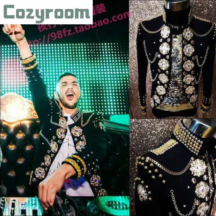 

Plus Size New Men's Personality Black Handmade Beading Jacket suit Costumes Stage Performance Nightclub Male Singer Rivet Coat
