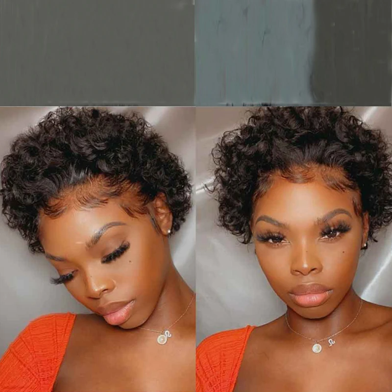 M&H Pixie Cut Wig Human Hair Wigs Short Curly  Wigs Bob Wig 13x1 Lace 180% Density T Part Lace Wig Remy