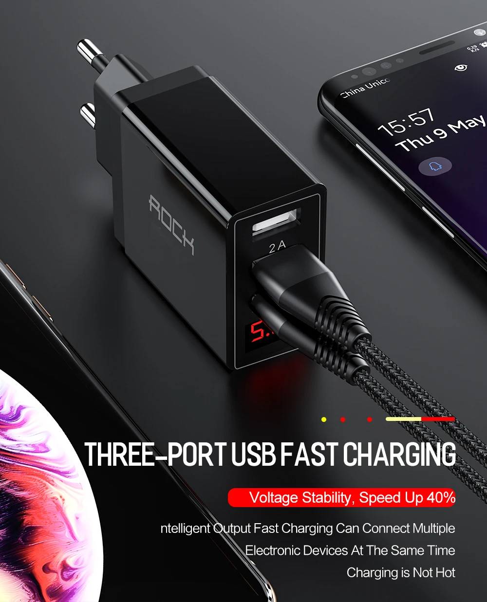 ROCK QC 3,0 30 Вт 3 USB зарядное устройство для быстрой зарядки телефона светодиодный дисплей для iPhone Xiaomi samsung huawei 3 порта Быстрый Настенный адаптер Turbo