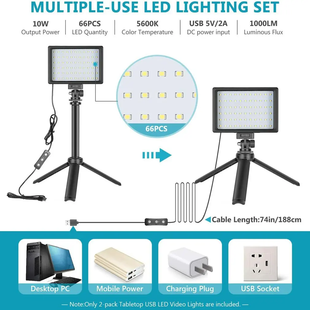 2 Sets Dimmable 5600K USB LED Video Light With Adjustable Tripod Stand And Color Filters For Tabletop Low-Angle Shooting |