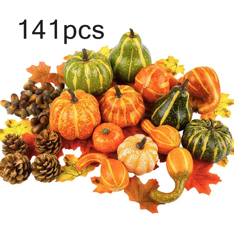 141PCS Artificial Pumpkins Acorn Maple Leaf Pinecone Decor Set Photography Props |