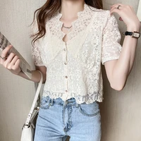fashion women v neck lace blouses shirts female short puff sleeve hollow out solid elasticity blouses two piece suit send sling