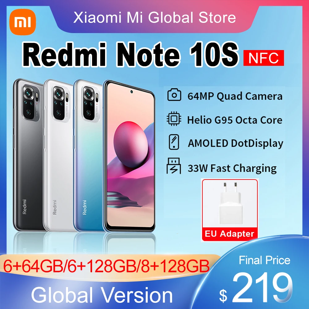 Xiaomi-smartphone Redmi Note 10S versi&oacute;n Global, tel&eacute;fono m&oacute;vil de 6GB y 64 GB/128GB, Helio G95, ocho n&uacute;cleos, c&aacute;mara cu&aacute;druple de 64MP, pantalla de 6,43 pulgadas, carga r&aacute;pida de 33W-0