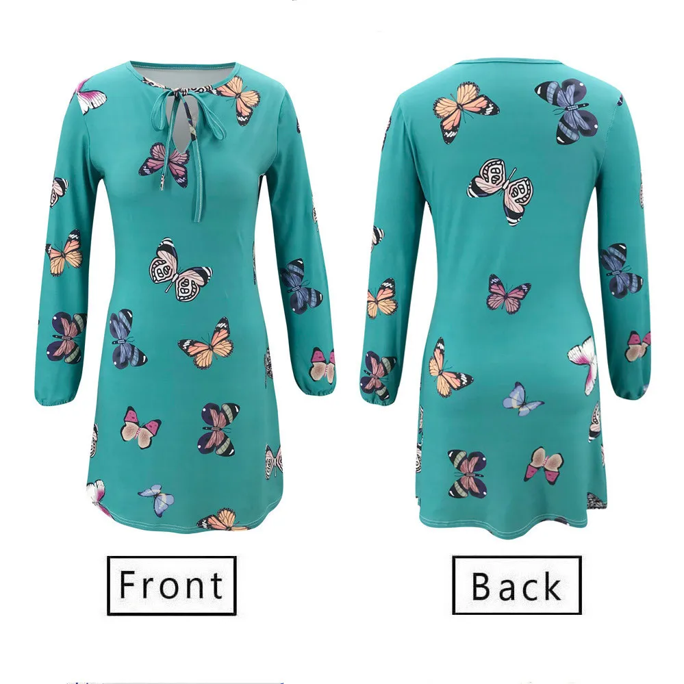 

Sexy Butterfly Print Mini Party Dress Casual Bandage-Nack Lantern Long Sleeve Slim Short Dress Autumn Vestidos Lip Women Dresses