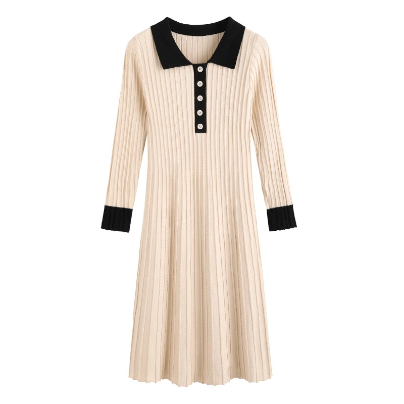 

Spring Autumn Casual Fashion Women Dress Turn-Down Collar Solid Long Sleeve Ladies Knee-Length Slim Dress Female Y65