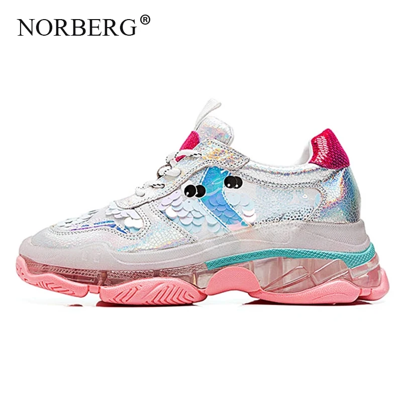 

Кроссовки NORBERG женские спортивные, модная повседневная обувь на платформе, из овечьей кожи, с блестками, белые, спортивные