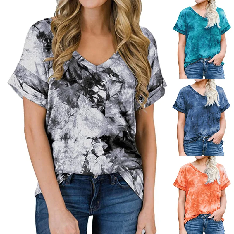 

Women T Shirt Spring And Summer V Neck Pocket Curling Short Sleeve Loose T Shirt