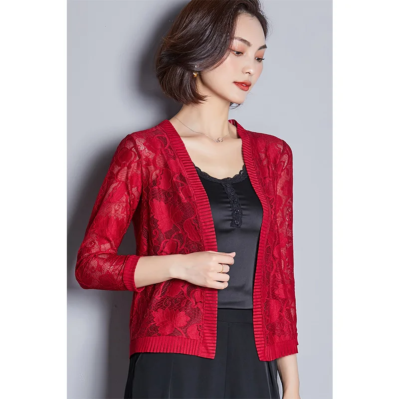 Женская ажурная кружевная куртка тонкая винтажная Короткая шаль с рукавом три