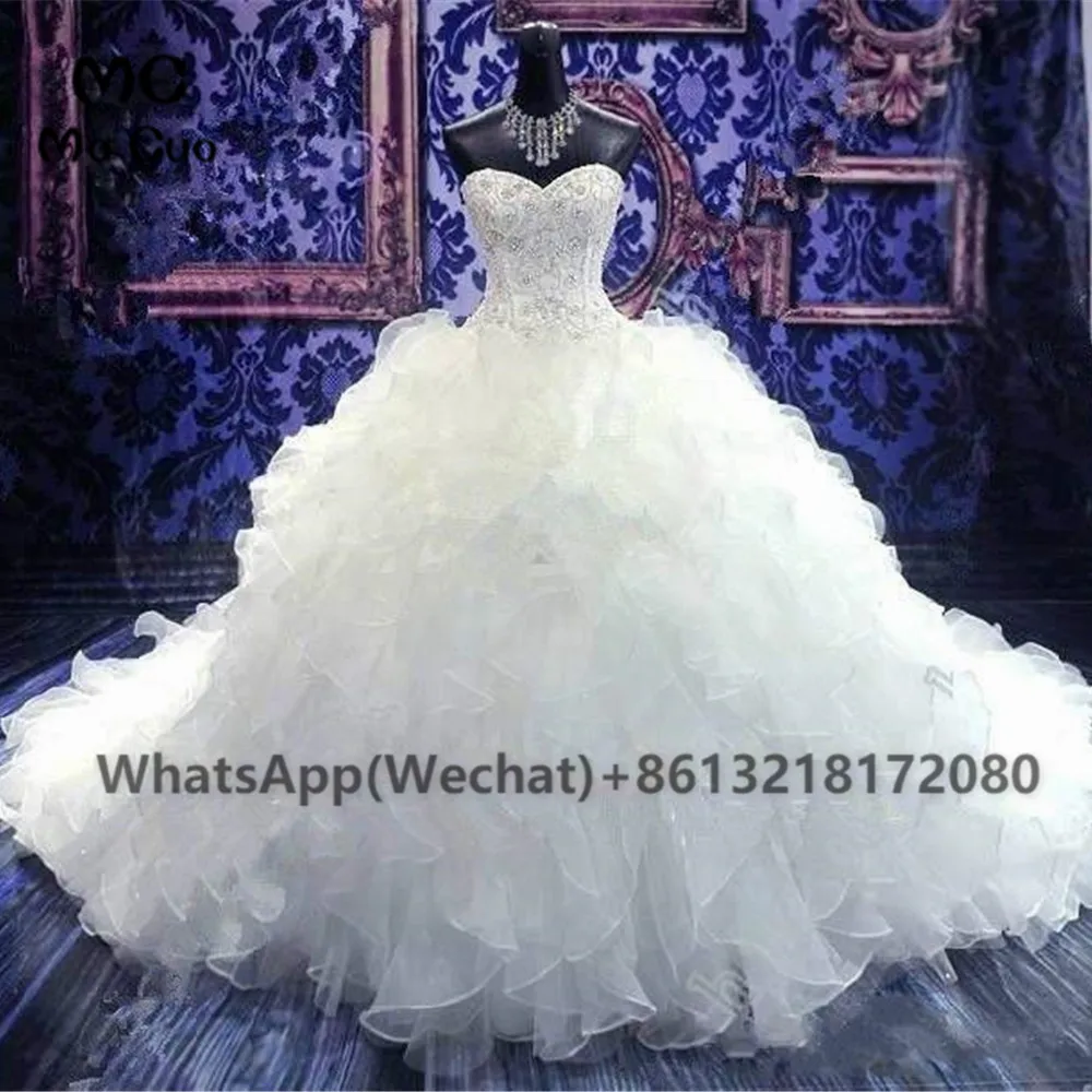 

Ball Luxuries Wedding Dresses with Crystals Beaded Sweetheart Cathedral Train Organza Ruffles Bridal Gown Wedding Dresses