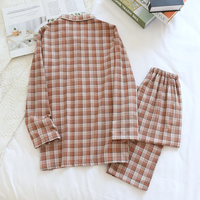 

2021 New Season Couples Wear Pajamas 100% Cotton Flannel Male Large Size Simple Plaid Ladies Home Service Spring and Autumn