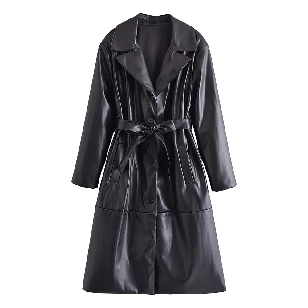 

Women Fashion With Belt Faux Leather Trench Coat Vintage Long Sleeve Button-up Female Outerwear Chic Overcoat