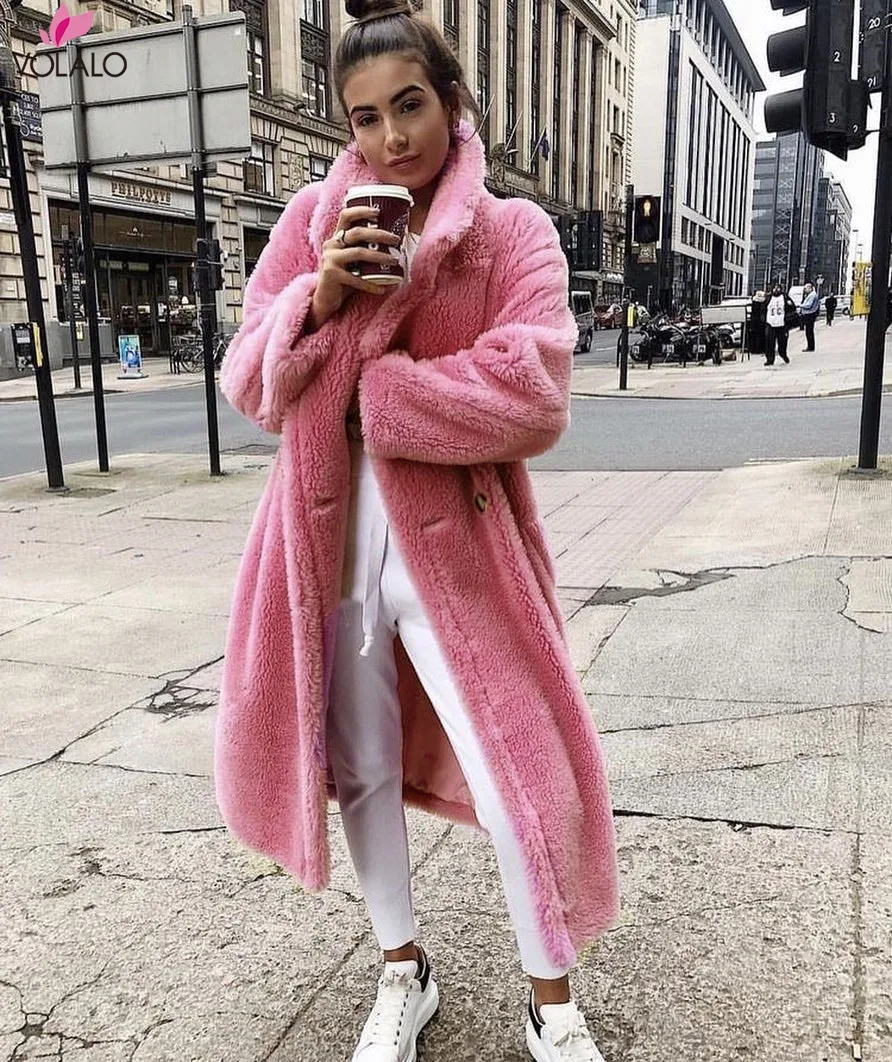 Pink Long Teddy Bear Jacket Coat Women Winter 2022 Thick Warm Oversized Chunky Outerwear Overcoat Women Faux Lambswool Fur Coats