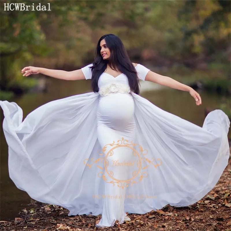 

Белое вечернее платье-Русалка на заказ для беременных женщин со съемным шлейфом и коротким рукавом женское платье для выпускного вечера дл...