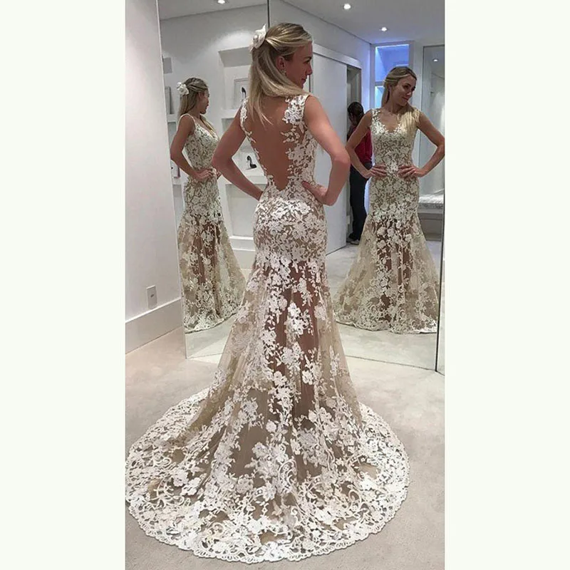 

New Mermaid Sexy See Through Lace Bride Wedding Dresses Sleeveless Plunge V Neck Bridal Gowns for Wedding Illusion Back Applique