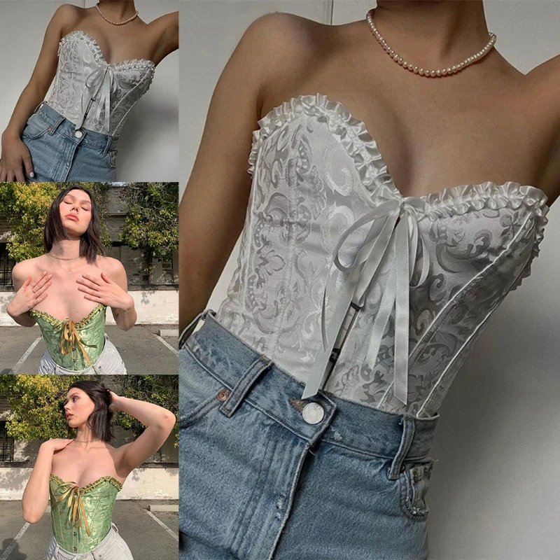 

652F Elegant Sexy Lace Up Corset Tops Boned Slimming Waist Bustiers for with Bandage for Party Club Ordinary