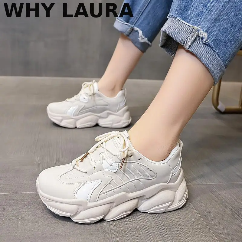 

Women's platform sneakers increase in height vibrating shoes flat mid-heel lace-up walking shoes size 35-40