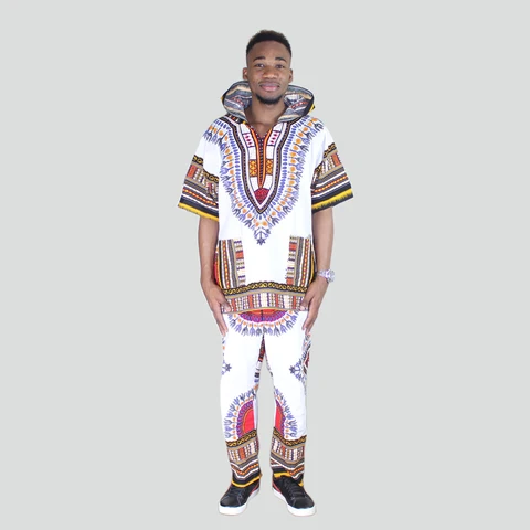 Африканский Дашики белый 100% хлопок Дашики шаблон печатных Африканский костюм комплект Африканский белый Принт Мода для мужчин