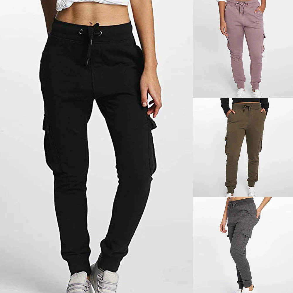 

2020 New Autumn Women Lace Up Waist Casual Pants Solid Pencil Pants Multi-Pockets Plus Size Straight Slim Fit Trousers