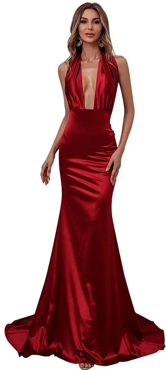 

Women's Sexy Deep V-neck Prom Dress Mermaid Evening Dresses Adjustable Halter Strap vestido de festa Sweep Train robe de soiree